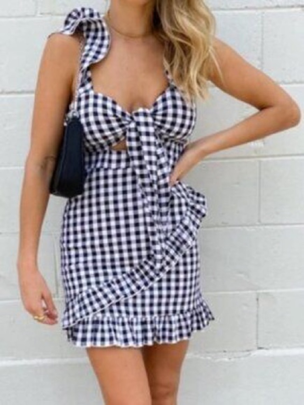 Gingham Tie-Front Ruffle Mini Dress - Black & White